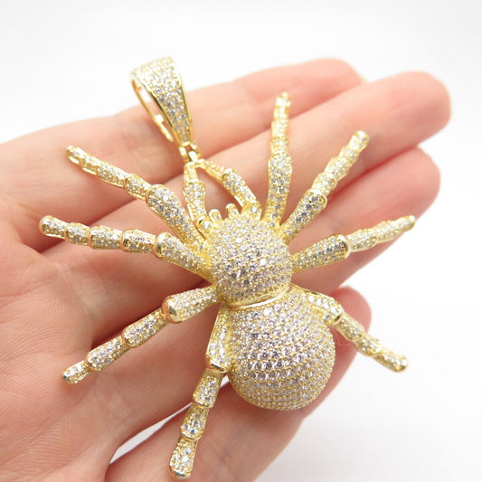 925 Sterling Silver Gold Plated Pave C Z Large Spider Pendant