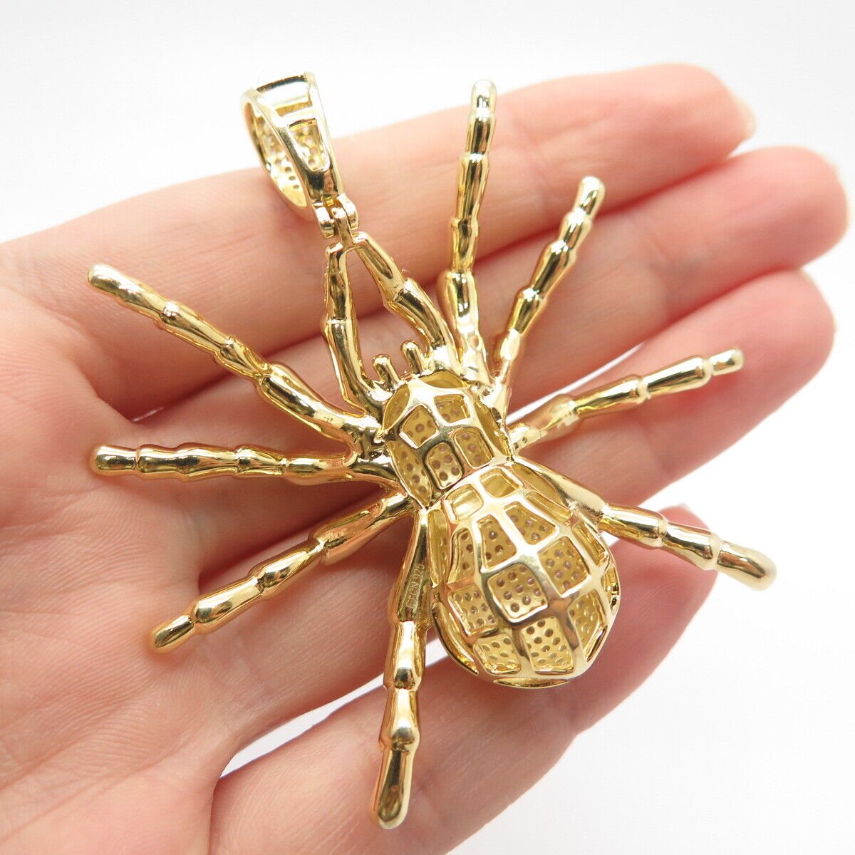 925 Sterling Silver Gold Plated Pave C Z Large Spider Pendant