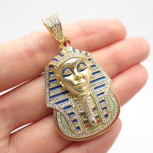 925 Sterling Silver Gold Plated C Z & Colorful Enamel Egyptian Pharaoh Pendant