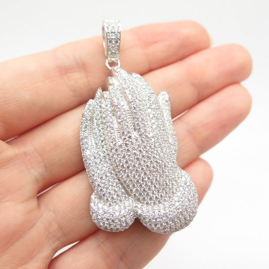 925 Sterling Silver Pave C Z Hands In Prayer Pendant