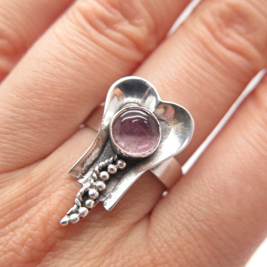 925 Sterling Silver Vintage Real Amethyst Gem Beaded Ring Size 8.25