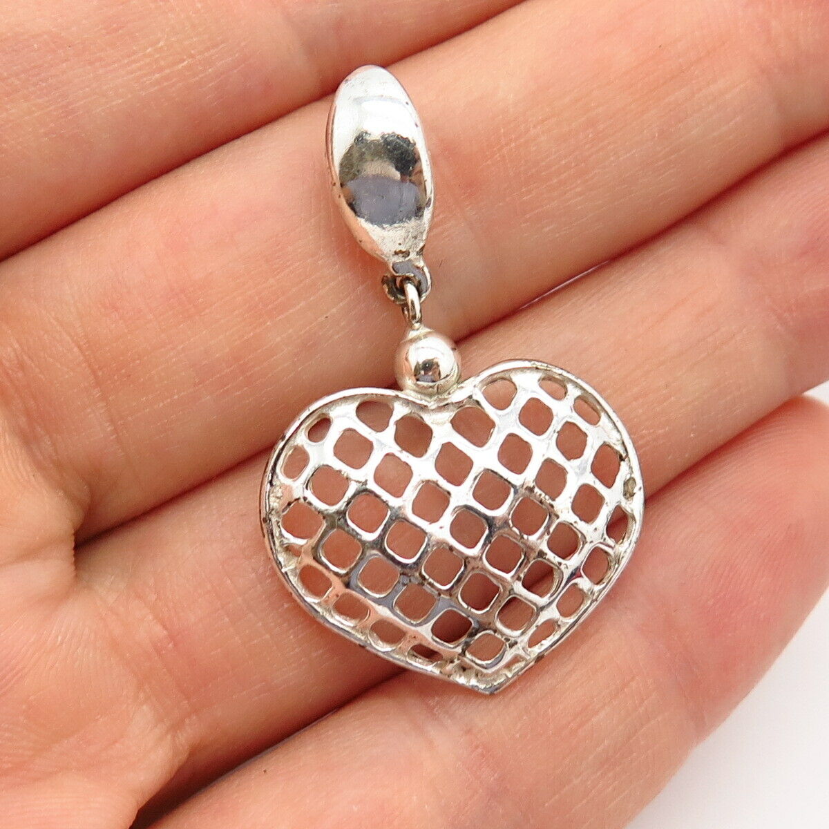 925 Sterling Silver Open Heart Grid Design Slide Pendant