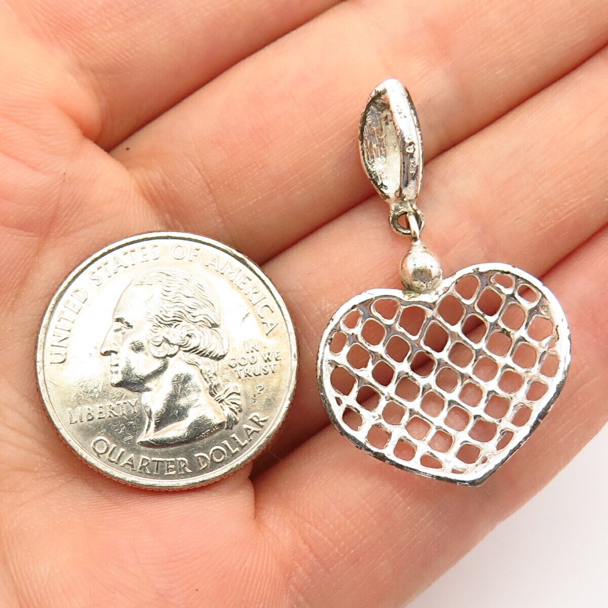 925 Sterling Silver Open Heart Grid Design Slide Pendant