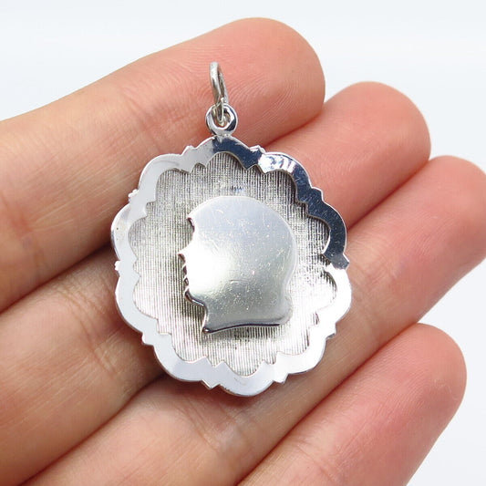 925 Sterling Silver Vintage Girl Face Profile Textured Pendant