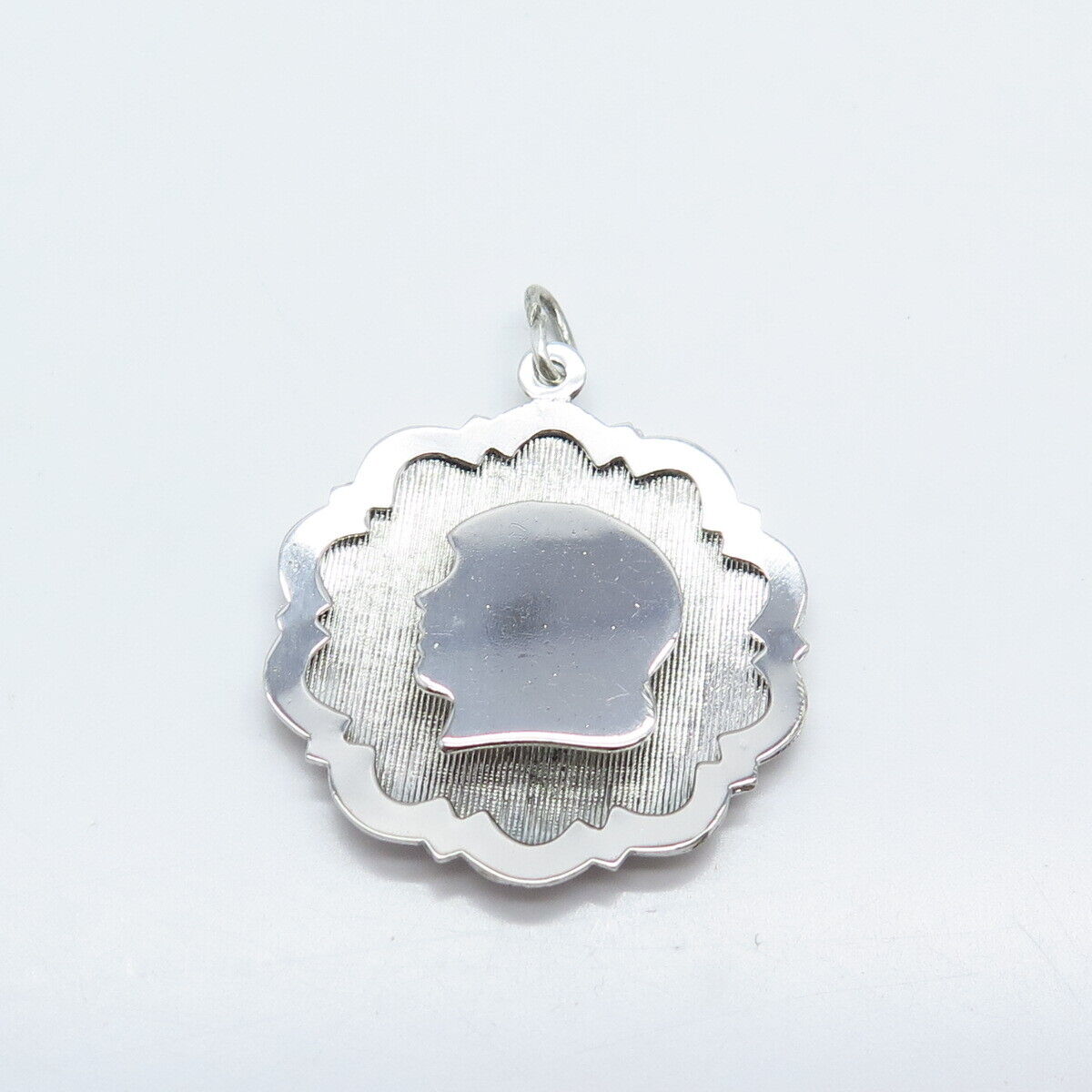 925 Sterling Silver Vintage Girl Face Profile Textured Pendant