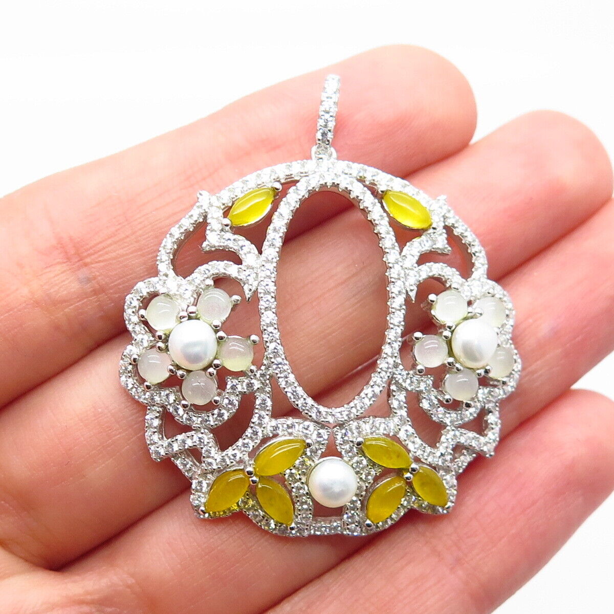 925 Sterling Silver Real Pearl Quartz Yellow Jade Gemstone & C Z Pendant