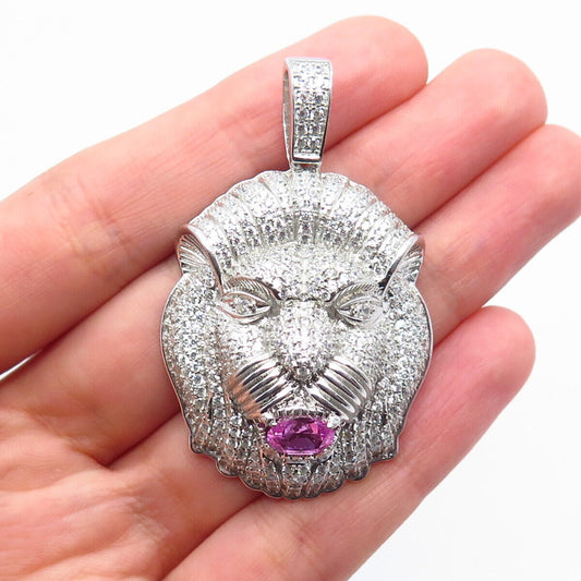 925 Sterling Silver White & Pink C Z Lion Pendant