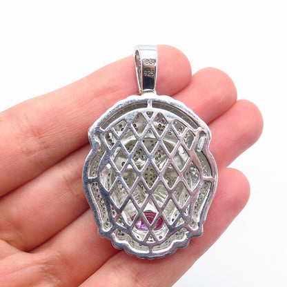 925 Sterling Silver White & Pink C Z Lion Pendant