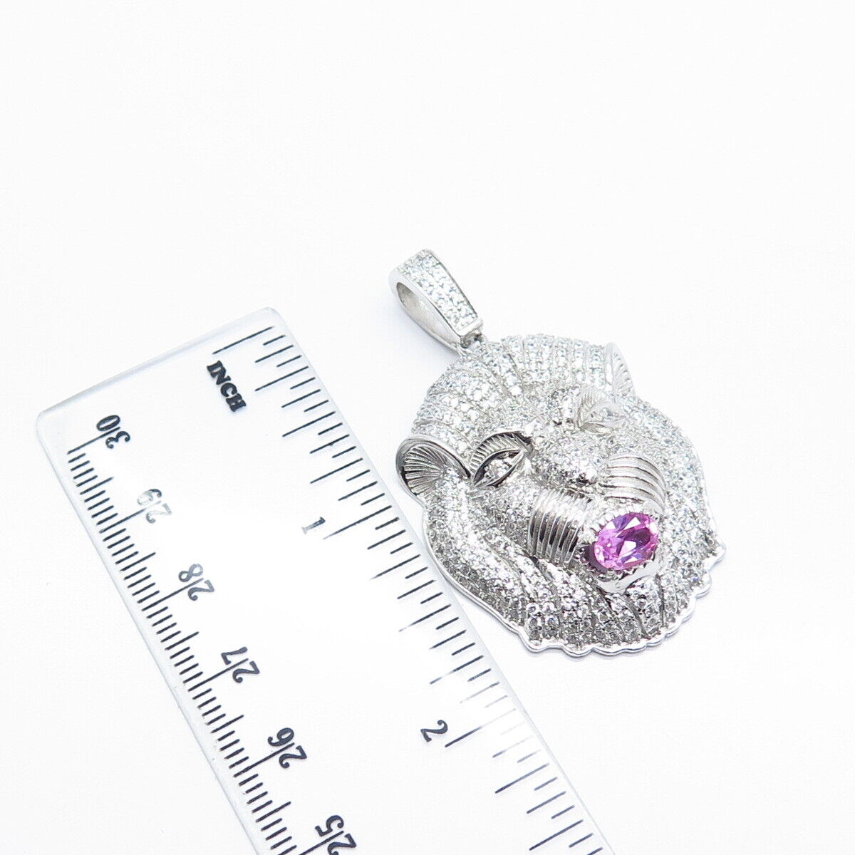 925 Sterling Silver White & Pink C Z Lion Pendant