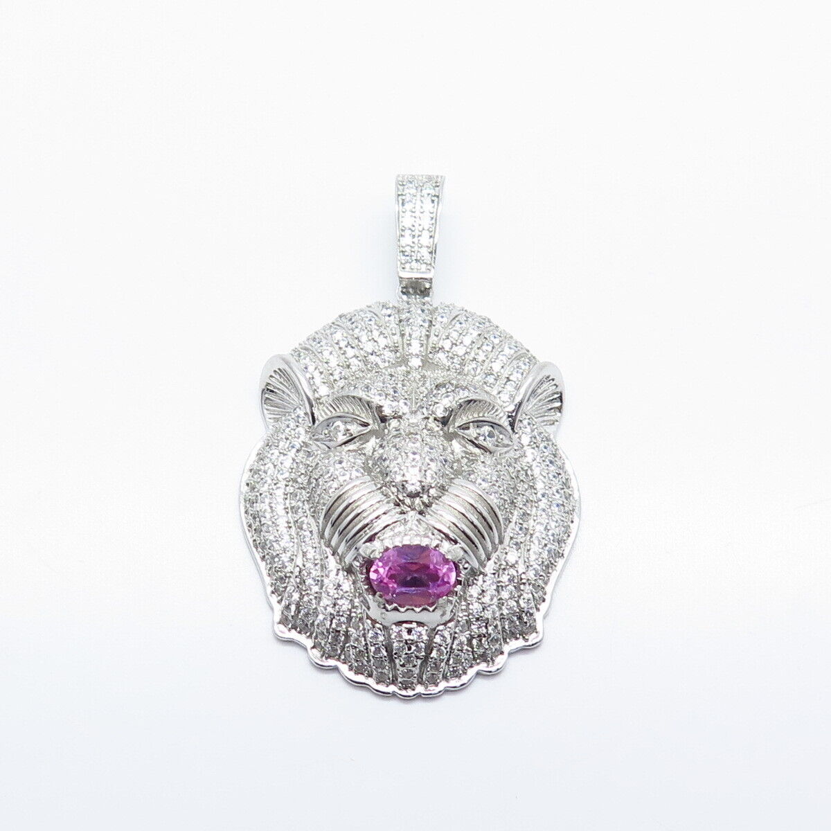 925 Sterling Silver White & Pink C Z Lion Pendant