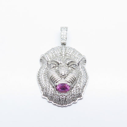 925 Sterling Silver White & Pink C Z Lion Pendant