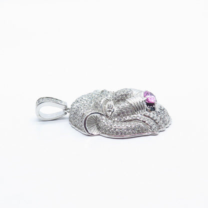 925 Sterling Silver White & Pink C Z Lion Pendant