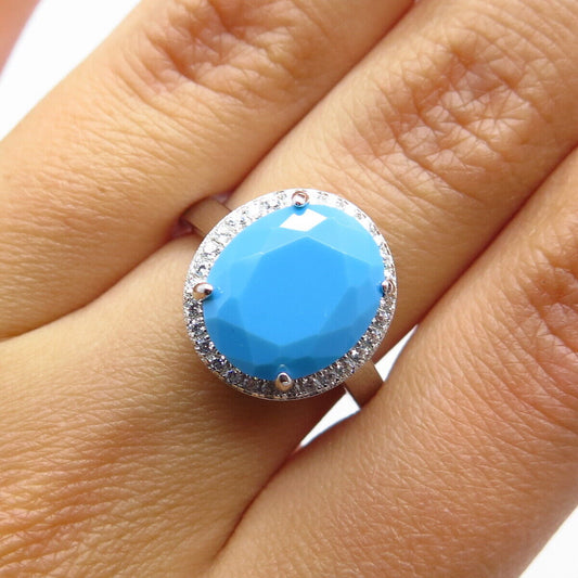 925 Sterling Silver Faux Turquoise & C Z Adjustable Ring Size 5.5