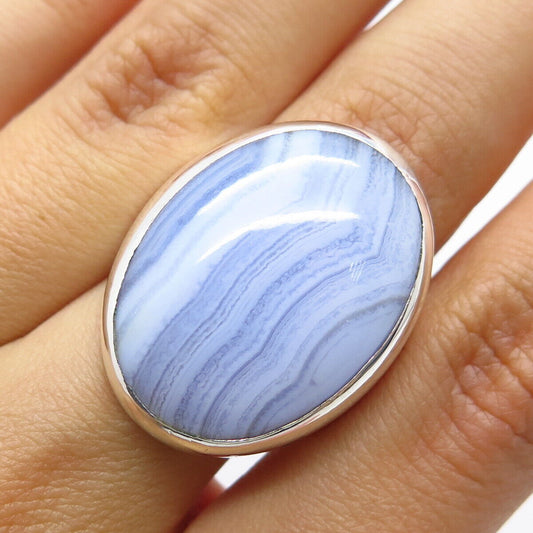 925 Sterling Silver Vintage Real Crazy Lace Agate Gemstone Statement Ring Size 8