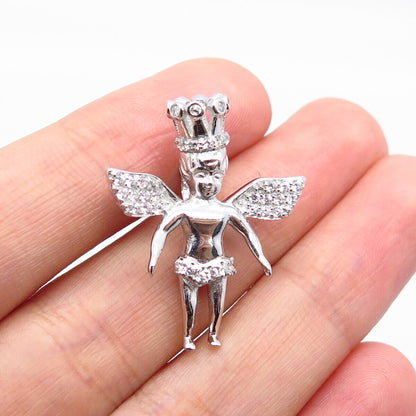 925 Sterling Silver C Z Baby Angel w/ Crown Pendant