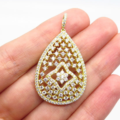 925 Sterling Silver Gold Plated C Z Ornate Teardrop Pendant