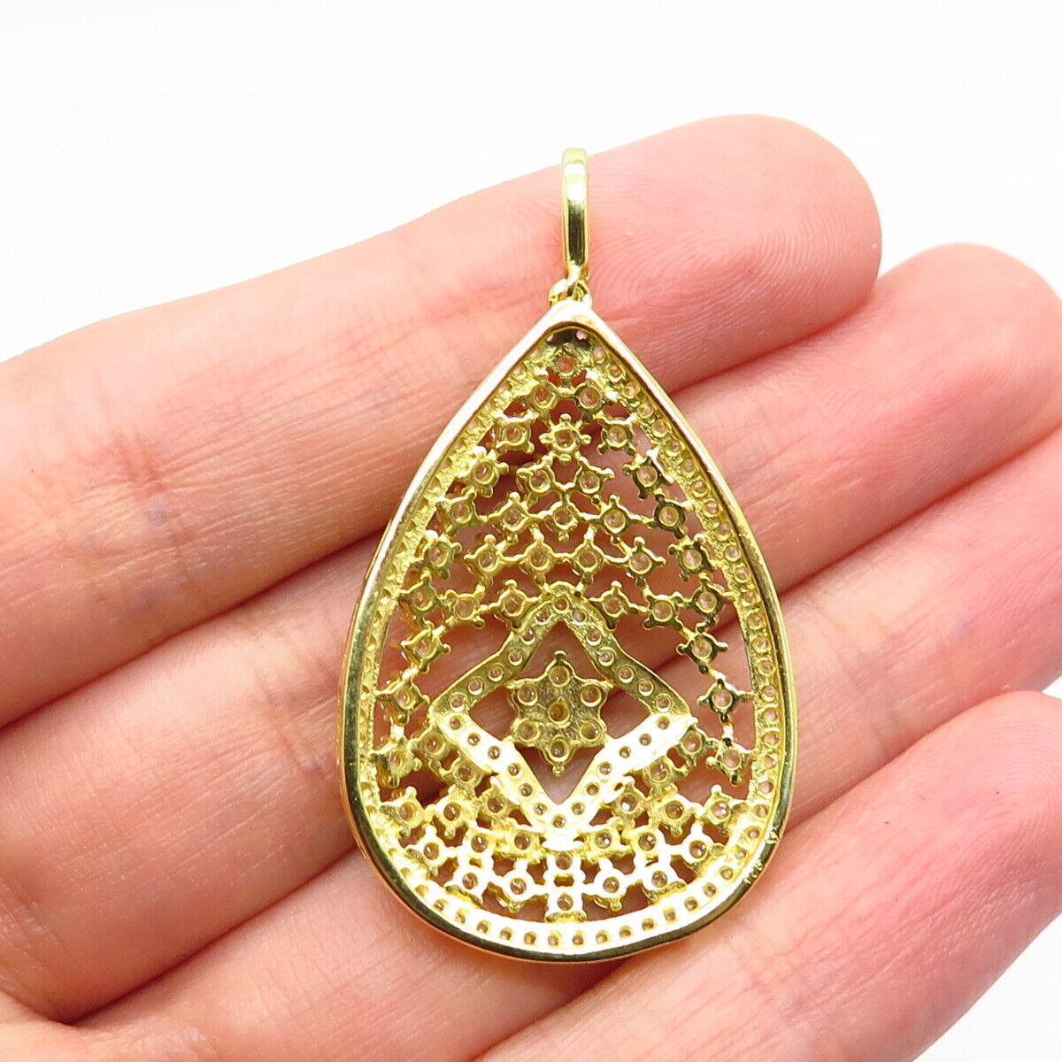 925 Sterling Silver Gold Plated C Z Ornate Teardrop Pendant