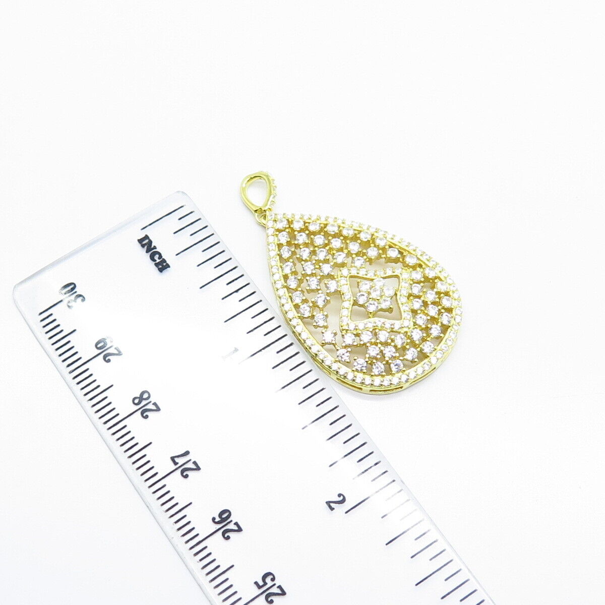 925 Sterling Silver Gold Plated C Z Ornate Teardrop Pendant