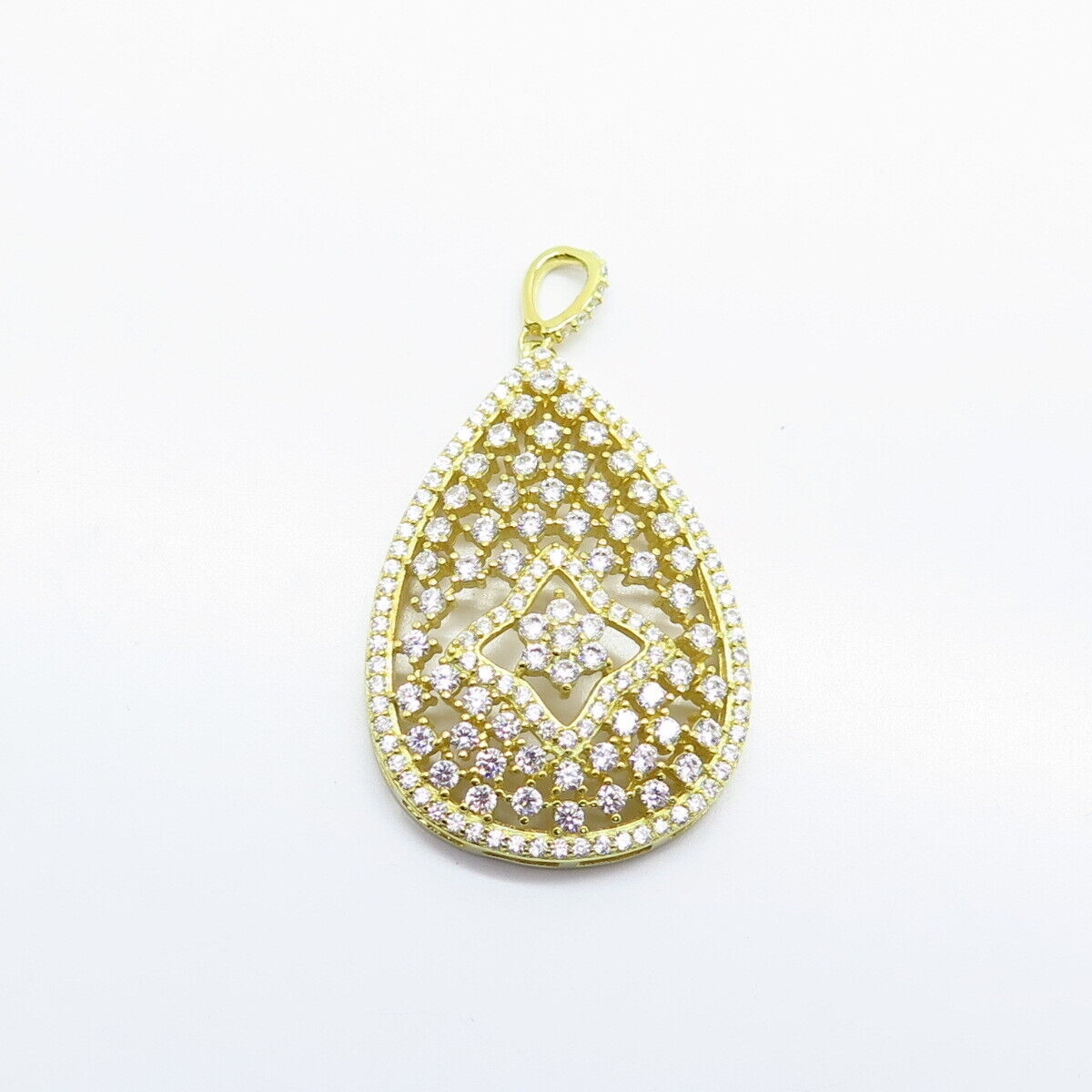 925 Sterling Silver Gold Plated C Z Ornate Teardrop Pendant