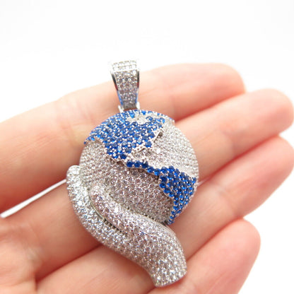 925 Sterling Silver White & Blue C Z Hand & Globe Pendant