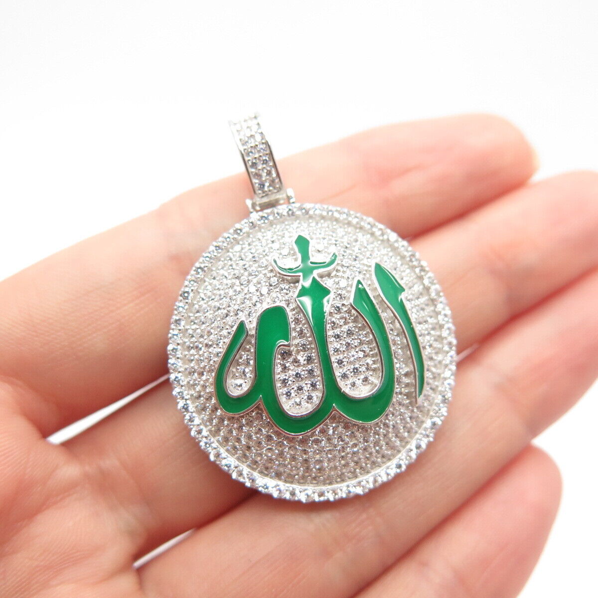 925 Sterling Silver Pave C Z & Enamel Muslims Allah Religious Pendant