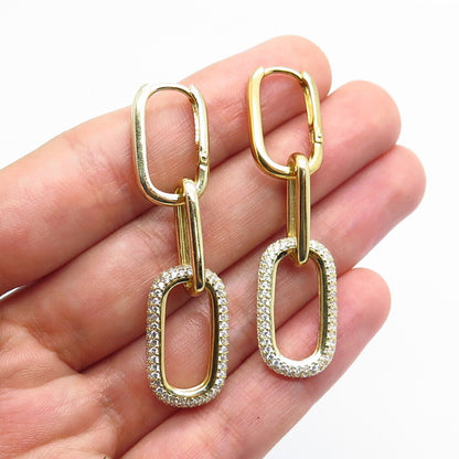 925 Sterling Silver Gold Plated C Z Oval Link Chain Earrings