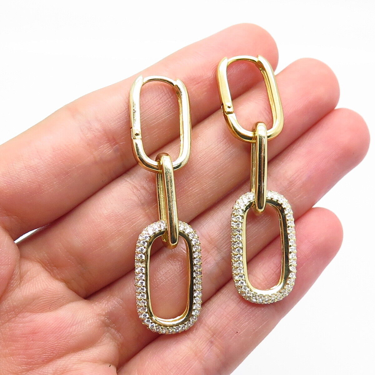 925 Sterling Silver Gold Plated C Z Oval Link Chain Earrings