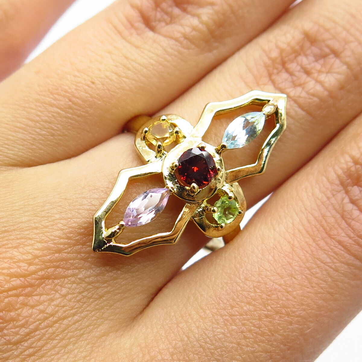 925 Sterling Silver Gold Plated Red Garnet Topaz Citrine Gem Ring Size 8.25