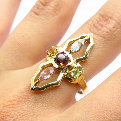 925 Sterling Silver Gold Plated Red Garnet Topaz Citrine Gem Ring Size 8.25