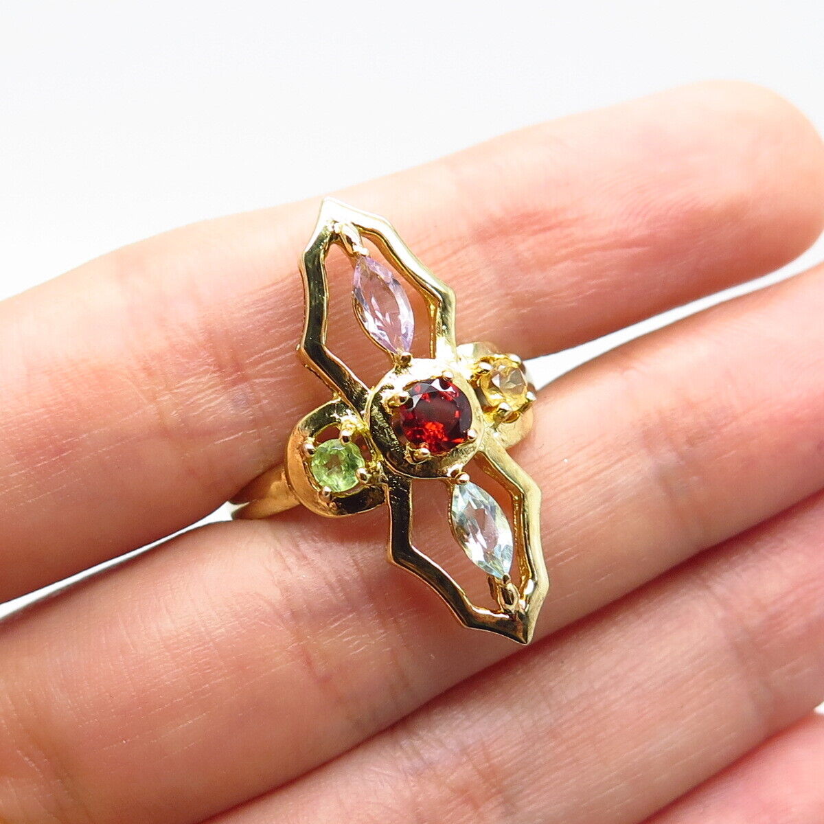 925 Sterling Silver Gold Plated Red Garnet Topaz Citrine Gem Ring Size 8.25