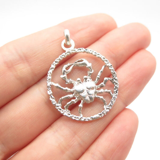 925 Sterling Silver Vintage Cancer Zodiac Sign Round Pendant