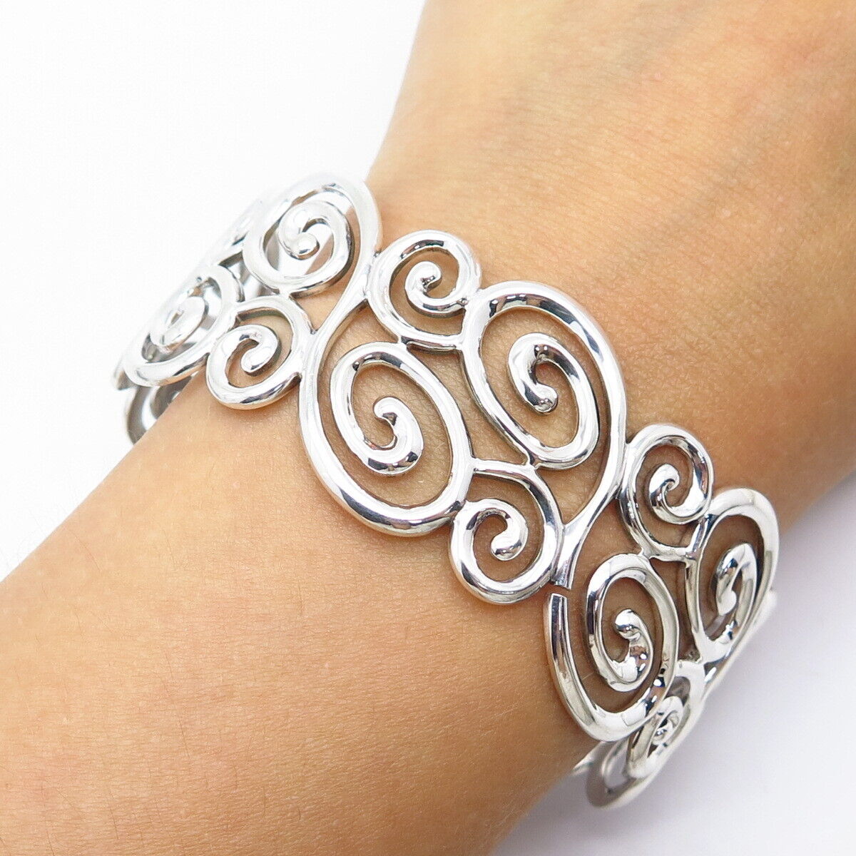 925 Sterling Silver Vintage Swirl Ornate Adjustable Cuff Bracelet 7.75"