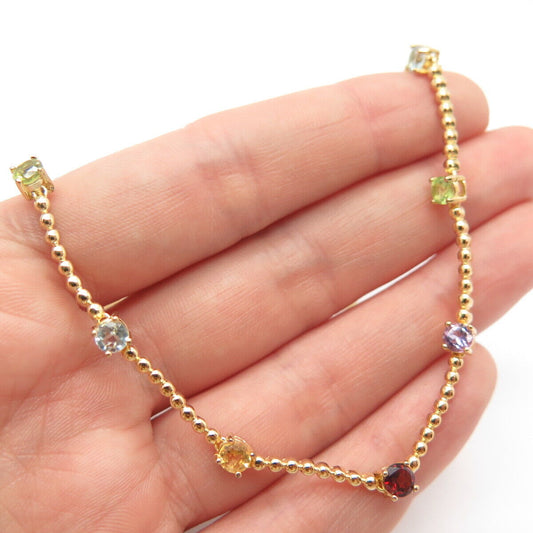 925 Sterling Silver Gold Plated Multi-Color Gem Ball & Bar Chain Necklace 19"