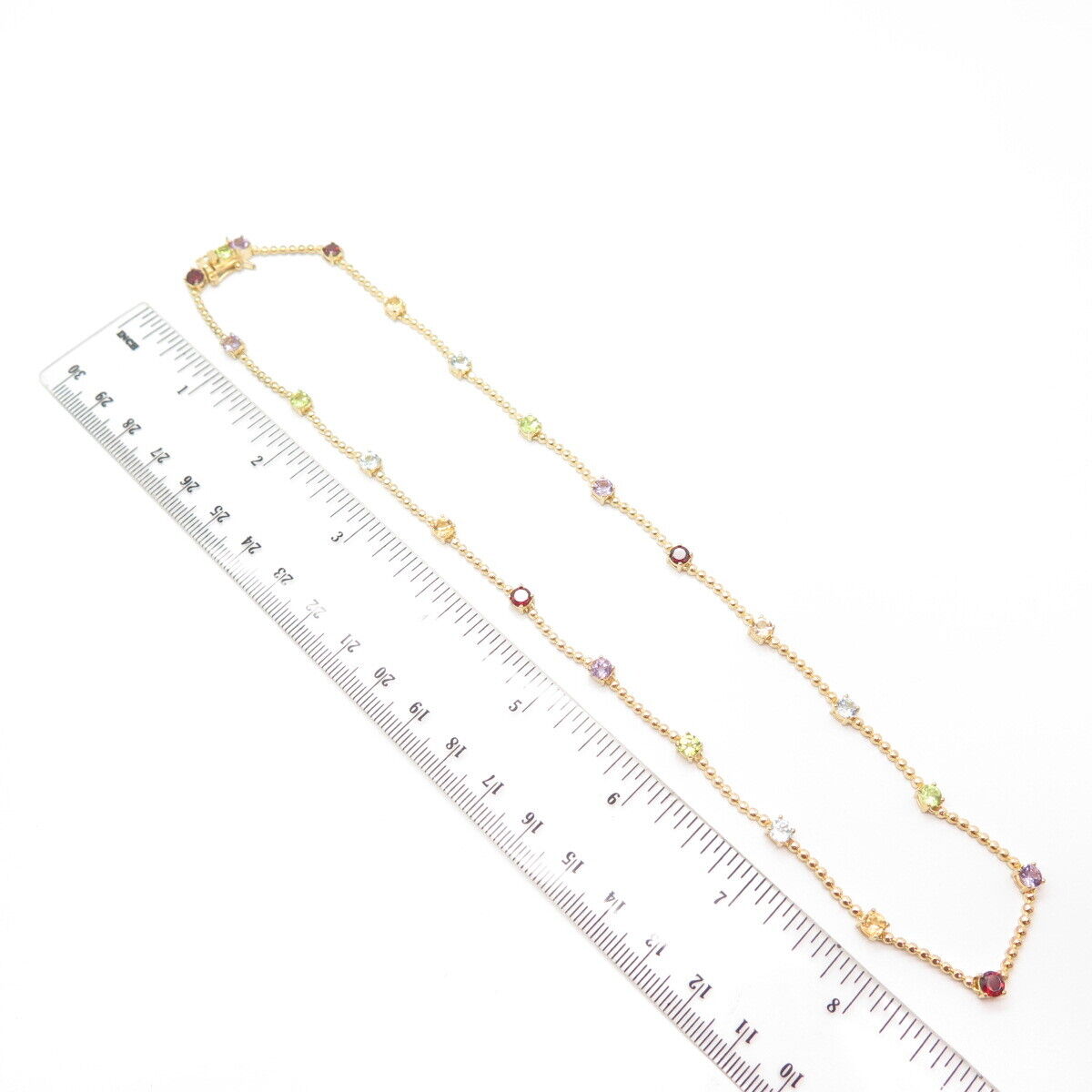 925 Sterling Silver Gold Plated Multi-Color Gem Ball & Bar Chain Necklace 19"