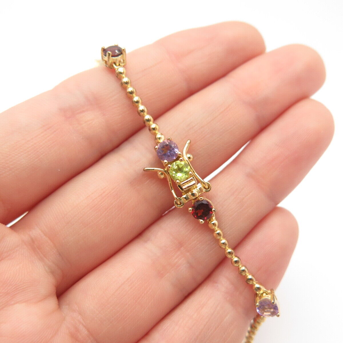 925 Sterling Silver Gold Plated Multi-Color Gem Ball & Bar Chain Necklace 19"