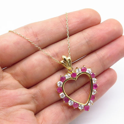 925 Sterling Silver Gold Plated Ruby Gem C Z Open Heart Rolo Chain Necklace 16"