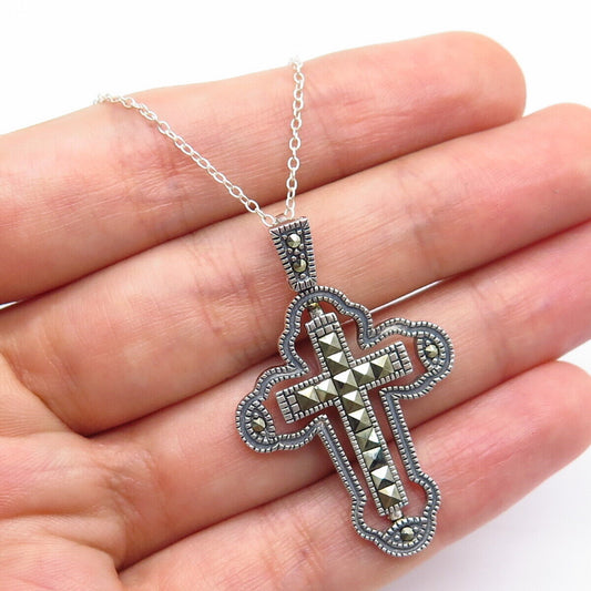 925 Sterling Silver Real Marcasite Gem Cross Pendant Rolo Chain Necklace 18"