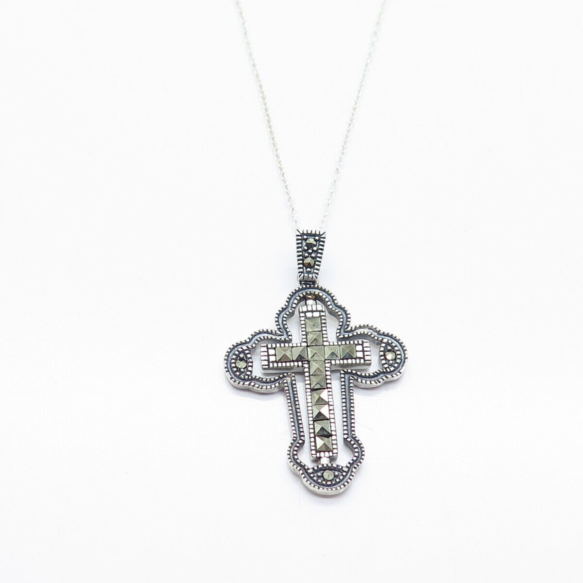 925 Sterling Silver Real Marcasite Gem Cross Pendant Rolo Chain Necklace 18"