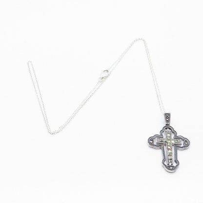 925 Sterling Silver Real Marcasite Gem Cross Pendant Rolo Chain Necklace 18"