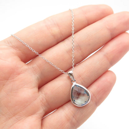 925 Sterling Silver Real Blue Topaz Gem Teardrop Rolo Chain Necklace 18"