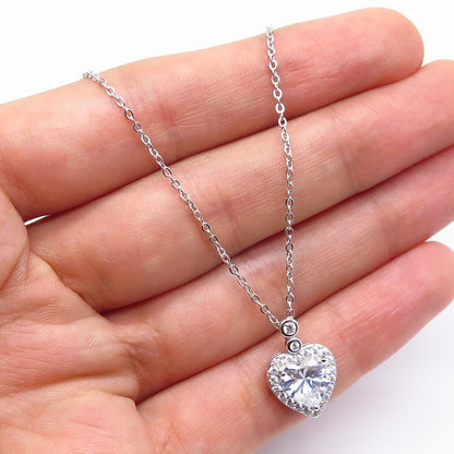 925 Sterling Silver C Z Heart Pendant Rolo Chain Necklace 16"