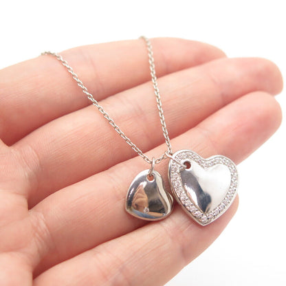 925 Sterling Silver C Z Double Heart Pendant Rolo Chain Necklace 20"