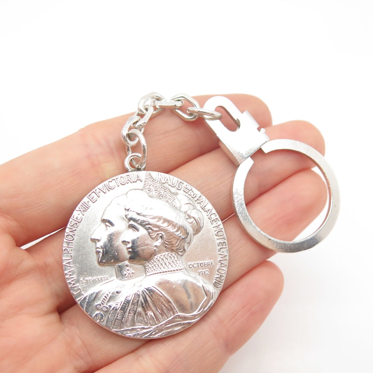 Coin Silver Antique Spain "Alphonse XIII Victoria" Anniversary Medal Key Ring