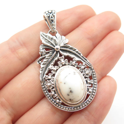 925 Sterling Silver Vintage Real White Turquoise Gem Floral Leaf Pendant