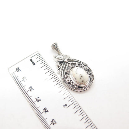 925 Sterling Silver Vintage Real White Turquoise Gem Floral Leaf Pendant