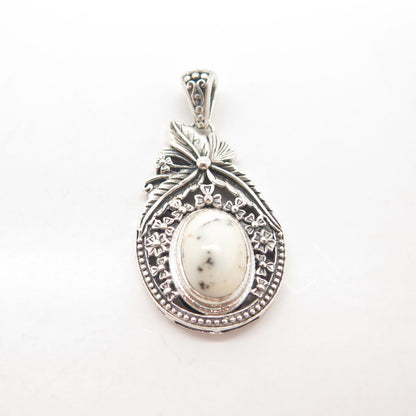 925 Sterling Silver Vintage Real White Turquoise Gem Floral Leaf Pendant