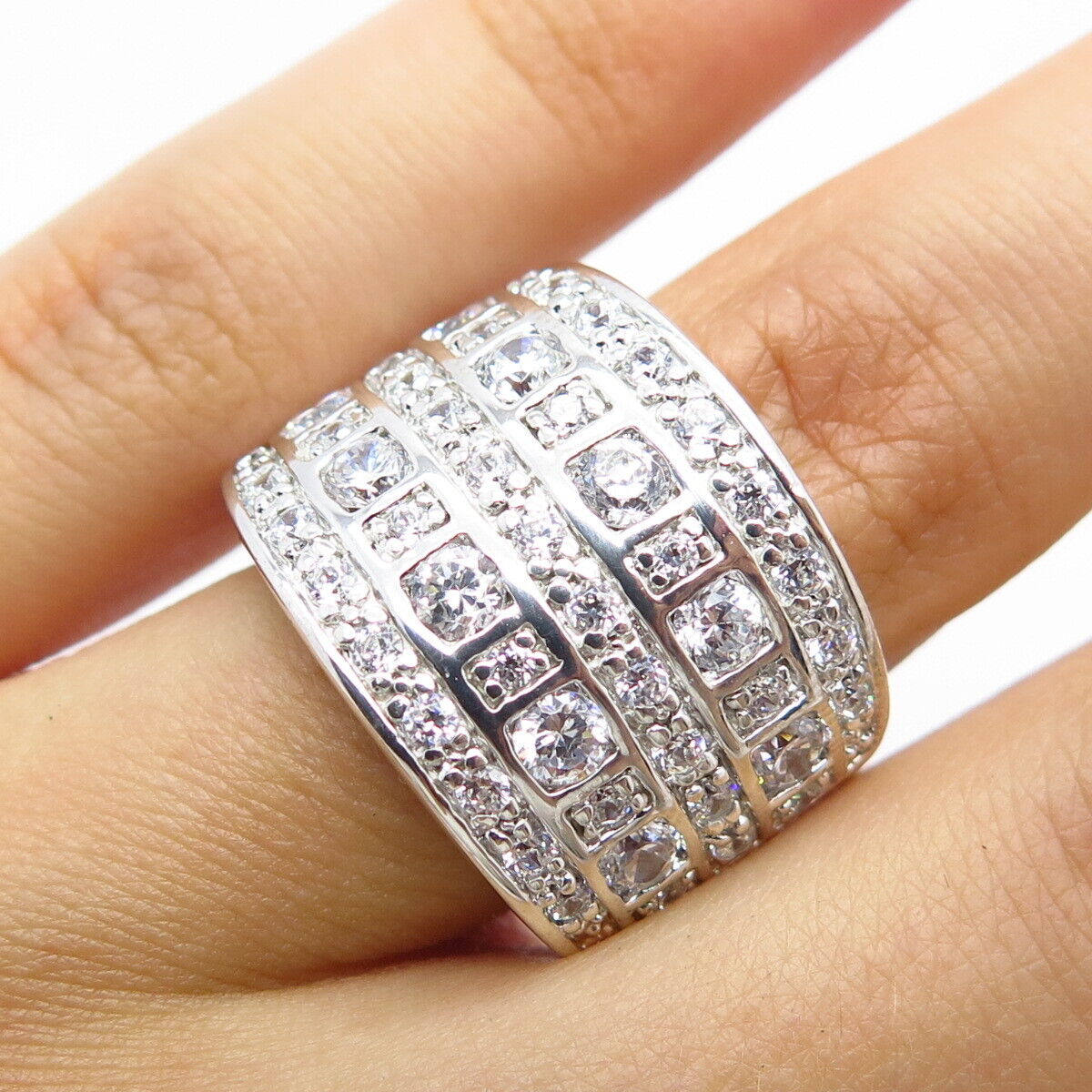 925 Sterling Silver Pave C Z Wide Ring Size 5.25