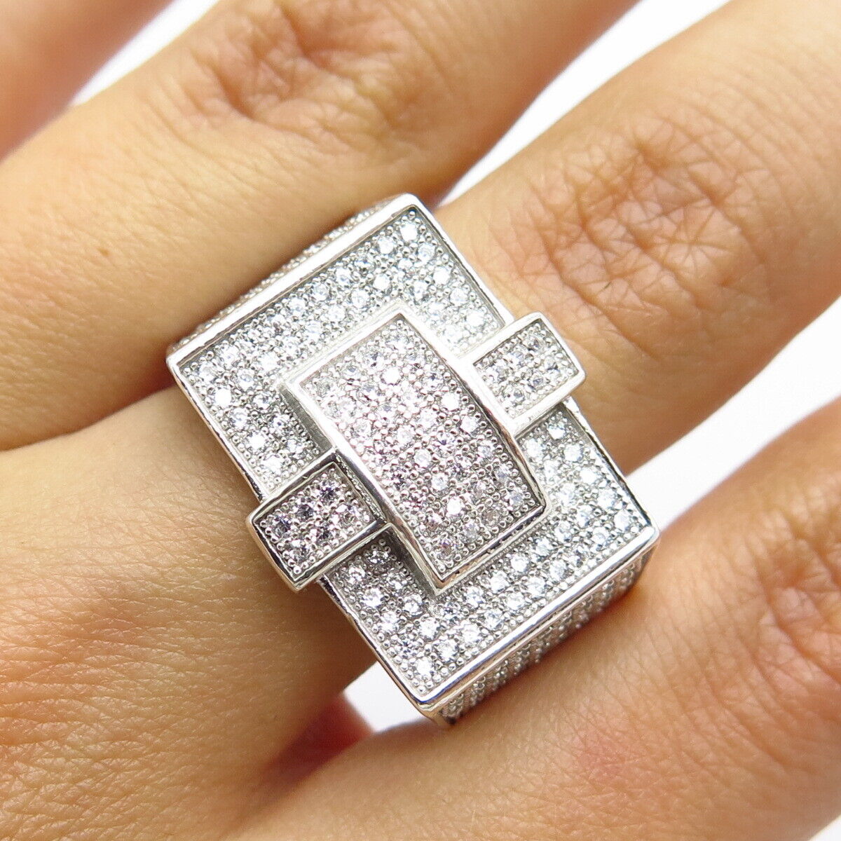 925 Sterling Silver Pave C Z Wide Ring Size 10