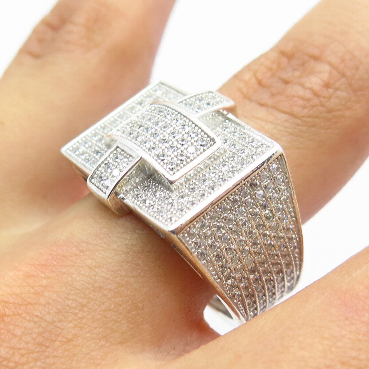 925 Sterling Silver Pave C Z Wide Ring Size 10