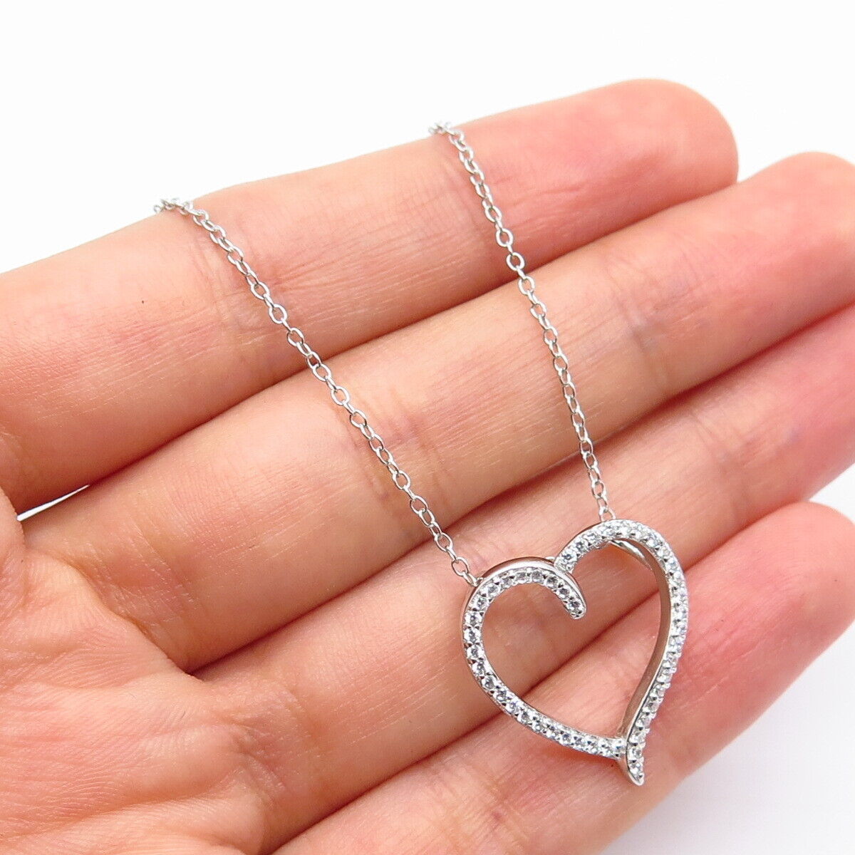 925 Sterling Silver C Z Open Heart Rolo Chain Necklace 18"